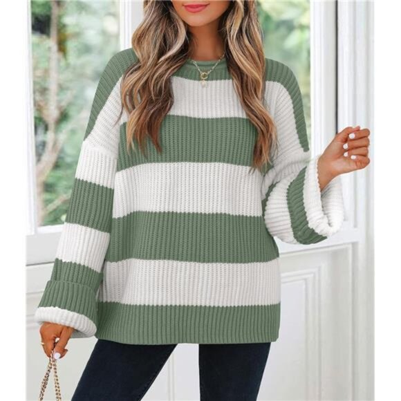 Striped Color Block Sweater – Oversized Fit, Flared Sleeves, Cozy Knit - Picture 2 of 4